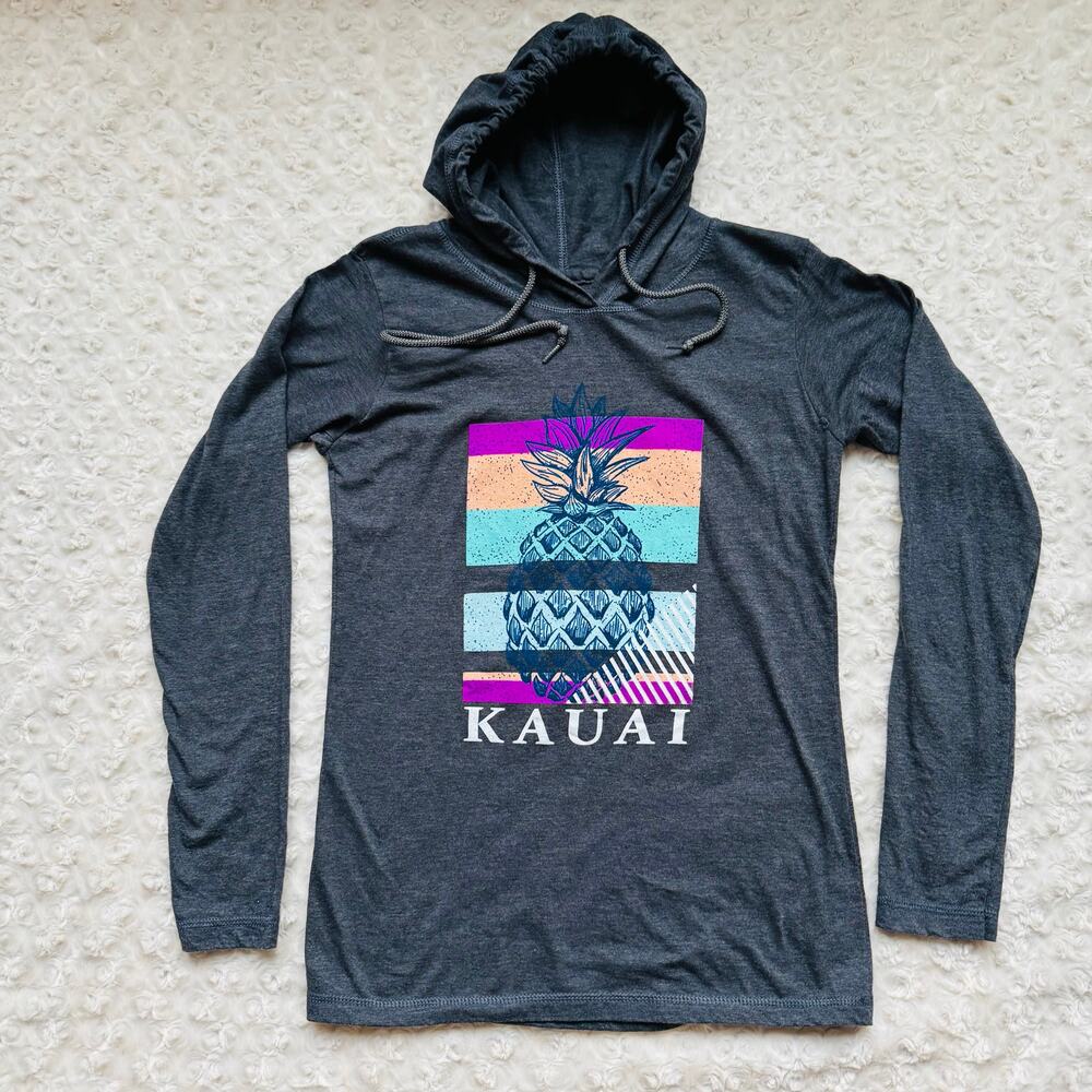 Kauai Hawaii Womens Charcoal Gray Pineapple Long Sleeve Tee Shirt Hoodie Small